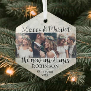 3 Photo Newlyweds Merry & Married Faux Marble Glass Tree Decoration