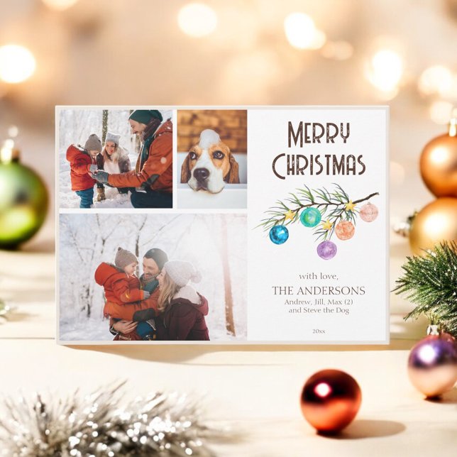 3 Photo Pine Fir Branch Ornament Merry Christmas Holiday Card (Creator Uploaded)