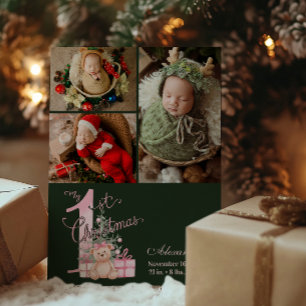 3 Photo Pink Green Baby First Christmas Holiday Card