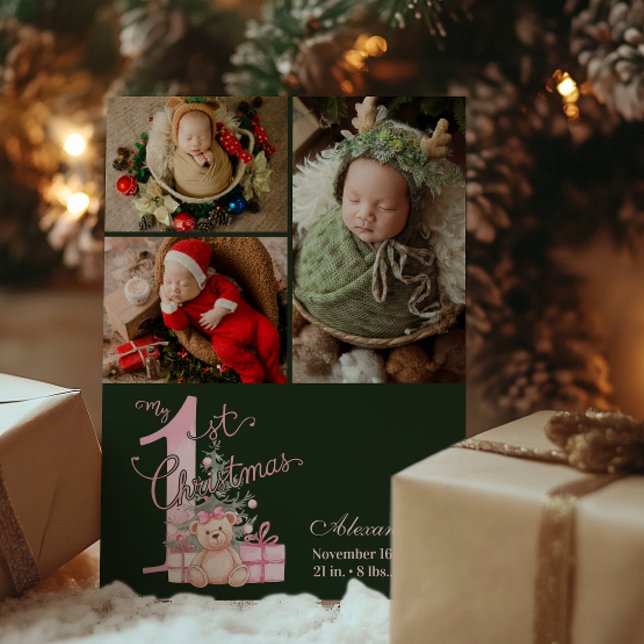 3 Photo  Pink Green Baby First Christmas Holiday Card (Creator Uploaded)