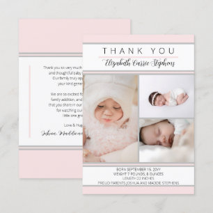 3 Photo Pink White Baby Shower  Birth Announcement