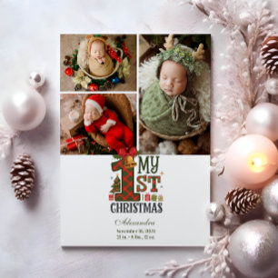 3 Photo Plaid First Christmas Holiday Card