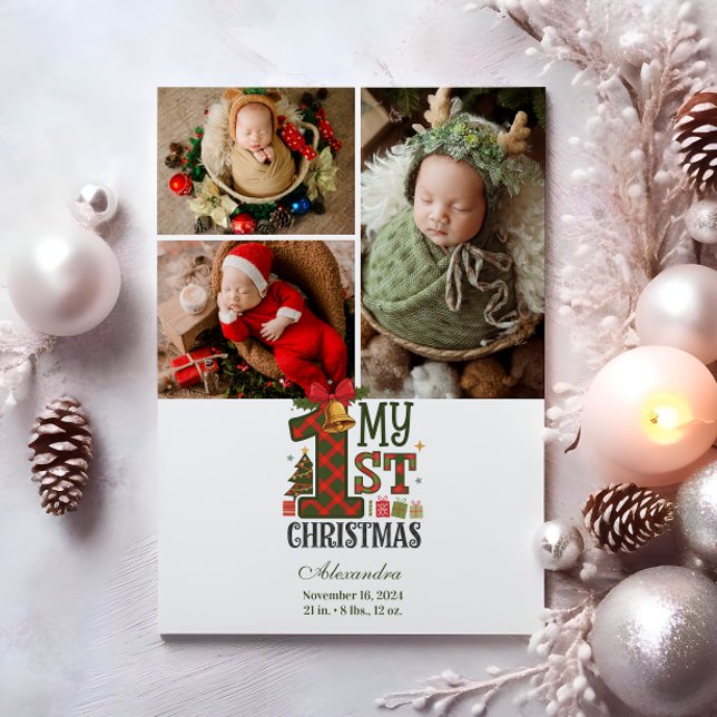 3 Photo Plaid First Christmas Holiday Card (Creator Uploaded)