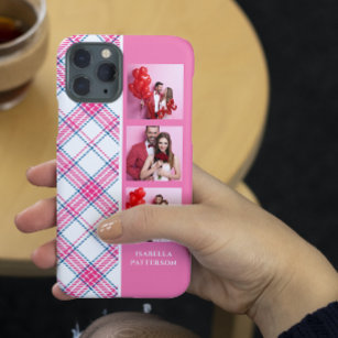 3 Photo Preppy Pink Plaid Modern Girly Custom Name Case-Mate iPhone 14 Plus Case
