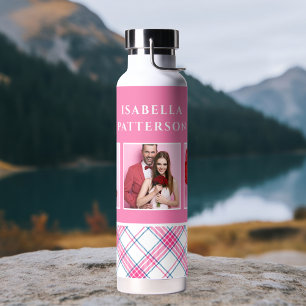 3 Photo Preppy Pink Plaid Modern Girly Custom Name Water Bottle