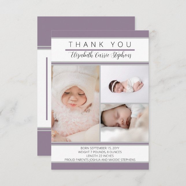 3 Photo Purple Baby Shower |Birth Announcemen Thank You Card (Front/Back)