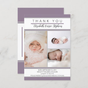 3 Photo Purple Baby Shower  Birth Announcemen Thank You Card
