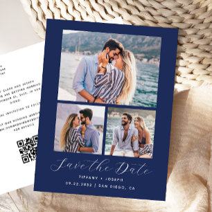 3 Photo QR Code Navy Blue Save the Date Postcard