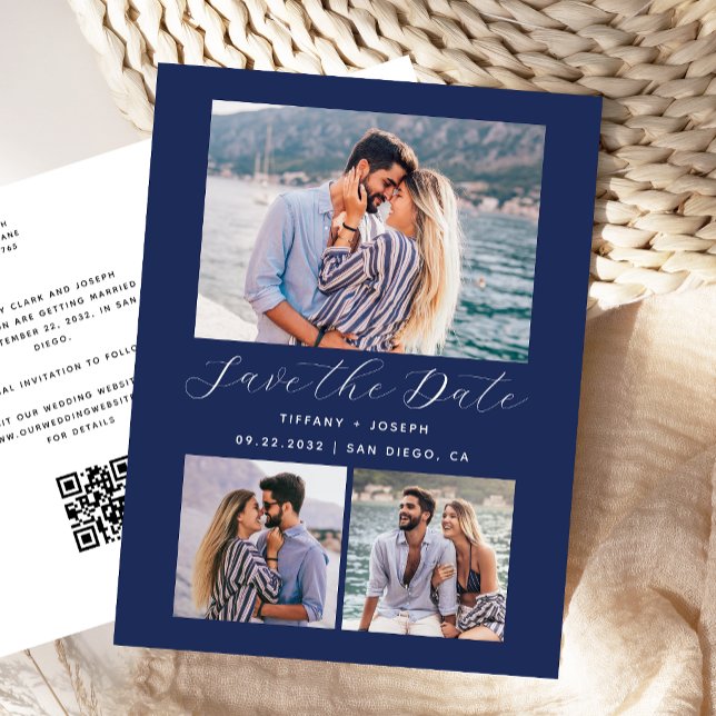 3 Photo QR Code Navy Blue Save the Date Postcard (Creator Uploaded)