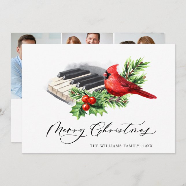 3 PHOTO Red Cardinal Holly Berry Christmas Holiday Card (Front/Back)