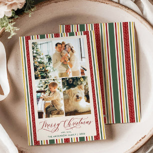 3 Photo Red Green Stripes Vintage Christmas Card