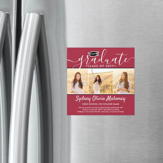 3 Photo Red White Magnetic Graduation Announcement (Creator Uploaded)