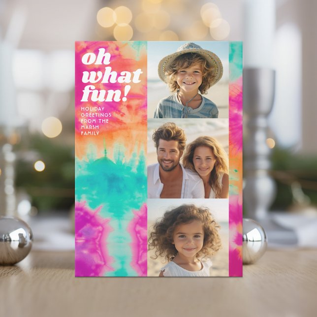 3 Photo - Retro Tie Dye - Colourful Christmas Holiday Card (Retro Tie Dye Pattern Christmas Card. Add a little color to your holiday with this online photo card)