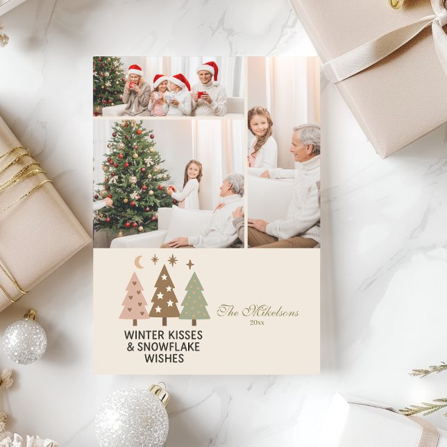 3 Photo Retro Winter Kisses & Snowflake Wishes Holiday Card (Creator Uploaded)