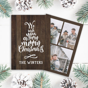 3 Photo Rusitc Wood Christmas Tree Lettering Photo Holiday Card