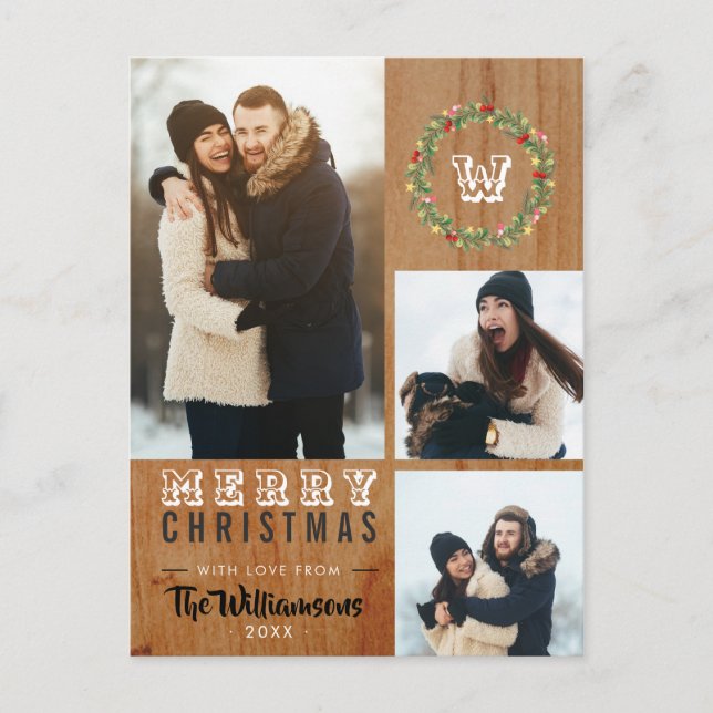 3 Photo Rustic Wood Christmas Holiday Greeting Postcard (Front)