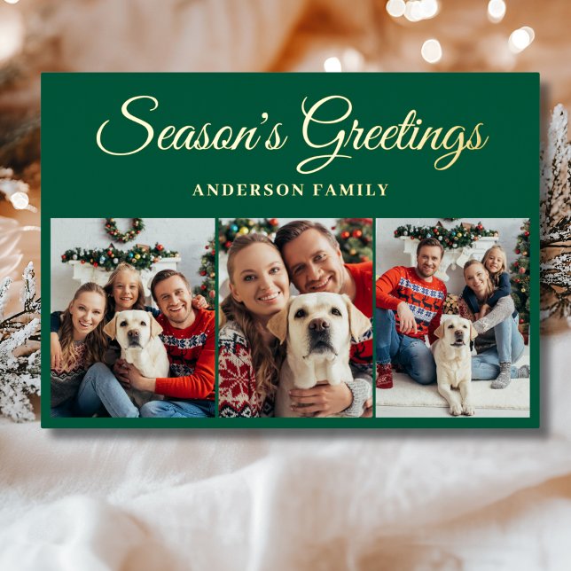  3 Photo Season's Greetings Christmas Gold  Foil Holiday Card (Creator Uploaded)