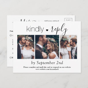 3 Photo Simple Script Elegant Wedding Kindly RSVP Invitation Postcard
