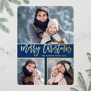 3 PHOTO Simply Elegant Sparkle Christmas Gold Foil Holiday Card