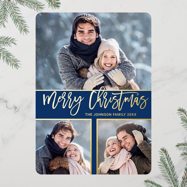 3 PHOTO Simply Elegant Sparkle Christmas Gold Foil Holiday Card (Creator Uploaded)