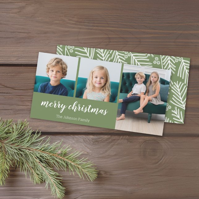 3 Photo - Simply Green Holly - Merry Christmas Holiday Card (Holiday Photo card with a 3 Photo Collage. Download Option Available. Green Accents)