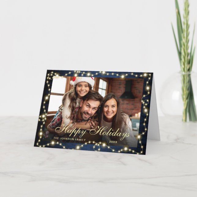3 PHOTO Sparkle Christmas Lights Rustic Greeting Holiday Card (Front)