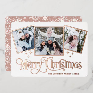 3 PHOTO Sparkle Merry Christmas Greeting Gold Foil Holiday Card
