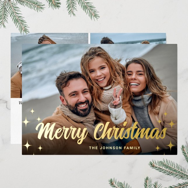 3 PHOTO Sparkle Merry Christmas Greeting Gold Foil Holiday Card (Creator Uploaded)
