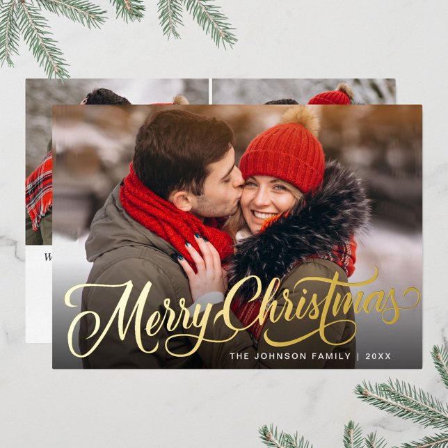 3 PHOTO Sparkle Merry Christmas Greeting Gold Foil Holiday Card (Creator Uploaded)