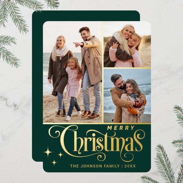 3 PHOTO Sparkle Merry Christmas Greeting Gold Foil Holiday Card (Creator Uploaded)