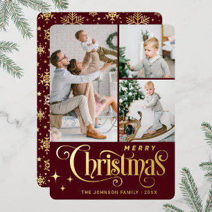 3 PHOTO Sparkle Merry Christmas Greeting Gold Foil Holiday Card