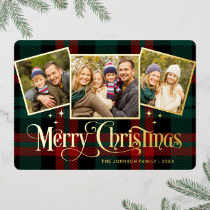 3 PHOTO Sparkle Merry Christmas Greeting Gold Foil Holiday Card