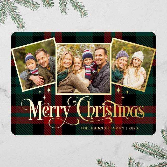 3 PHOTO Sparkle Merry Christmas Greeting Gold Foil Holiday Card (Creator Uploaded)