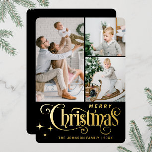3 PHOTO Sparkle Merry Christmas Greeting Gold Foil Holiday Card