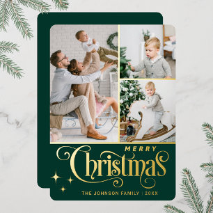 3 PHOTO Sparkle Merry Christmas Greeting Gold Foil Holiday Card