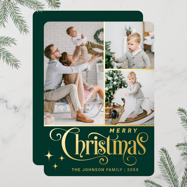 3 PHOTO Sparkle Merry Christmas Greeting Gold Foil Holiday Card (Real foil print Christmas holiday greeting card.)