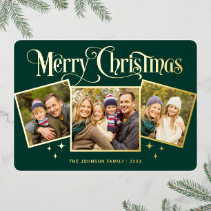3 PHOTO Sparkle Merry Christmas Greeting Gold Foil Holiday Card