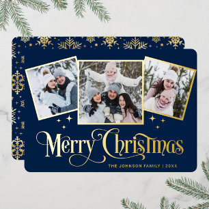 3 PHOTO Sparkle Merry Christmas Greeting Gold Foil Holiday Card