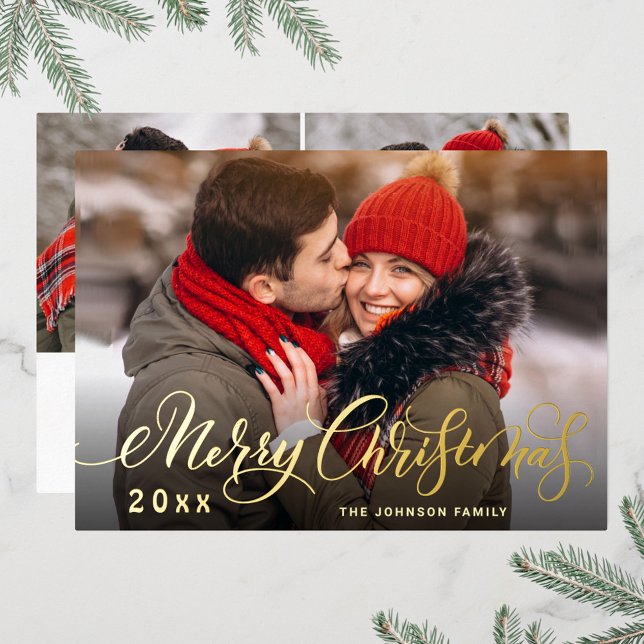3 PHOTO Sparkle Merry Christmas Greeting Gold Foil Holiday Card (Creator Uploaded)