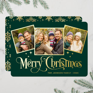 3 PHOTO Sparkle Merry Christmas Greeting Gold Foil Holiday Card