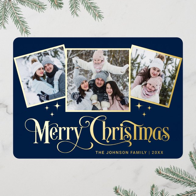 3 PHOTO Sparkle Merry Christmas Greeting Gold Foil Holiday Card (Creator Uploaded)