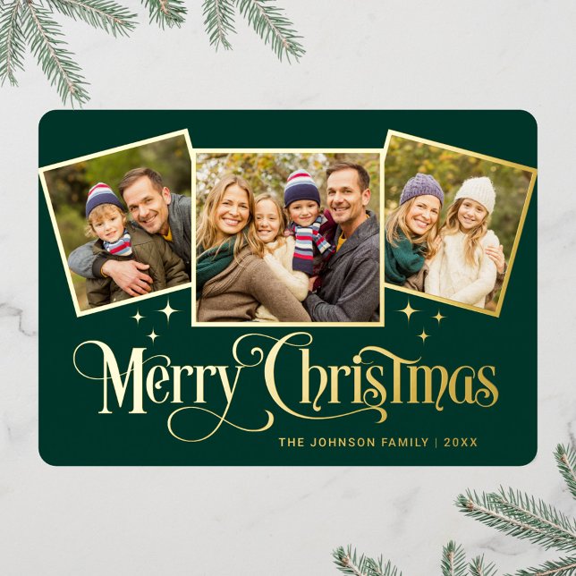 3 PHOTO Sparkle Merry Christmas Greeting Gold Foil Holiday Card (Creator Uploaded)