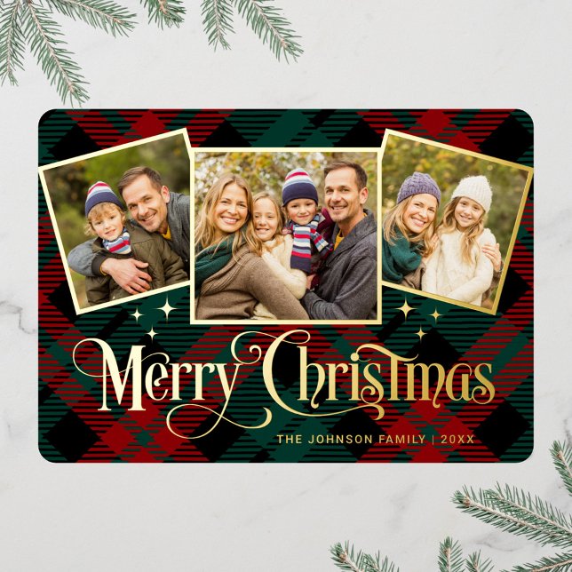 3 PHOTO Sparkle Merry Christmas Greeting Gold Foil Holiday Card (Creator Uploaded)