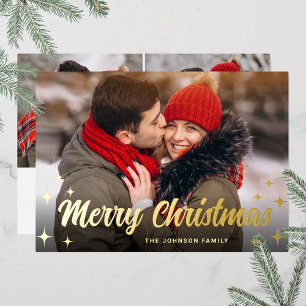 3 PHOTO Sparkle Merry Christmas Greeting Gold Foil Holiday Card