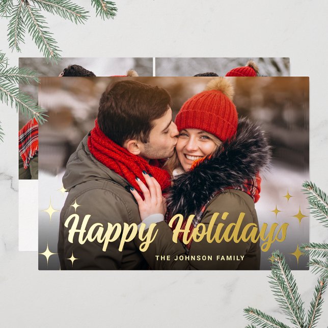 3 PHOTO Sparkle Merry Christmas Greeting Gold Foil Holiday Card (Customizable Christmas holiday greeting photo card with real foil print.)