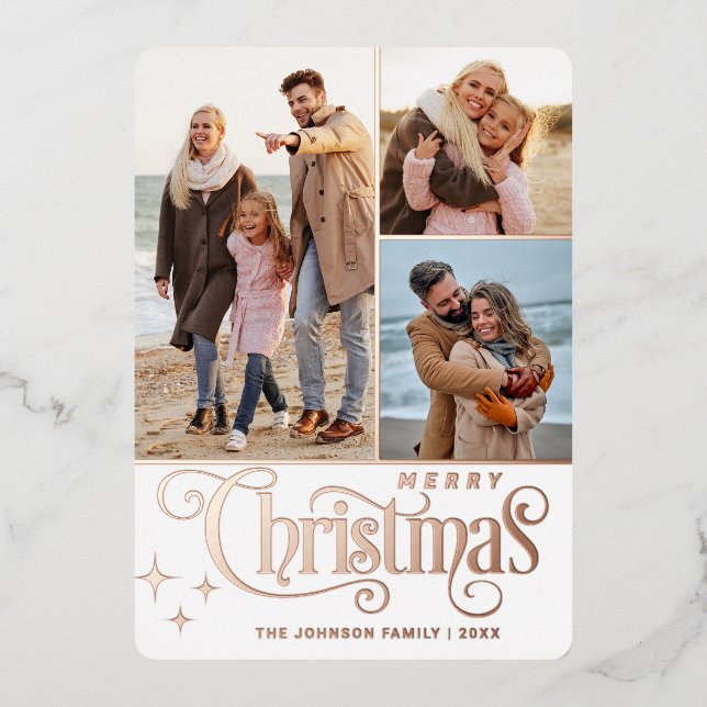 3 PHOTO Sparkle Merry Christmas Greeting Rose Gold Foil Holiday Card (Front)
