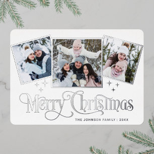 3 PHOTO Sparkle Merry Christmas Greeting Silver Foil Holiday Card