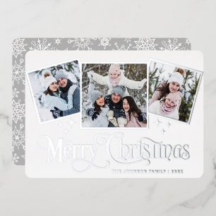 3 PHOTO Sparkle Merry Christmas Greeting Silver Foil Holiday Card