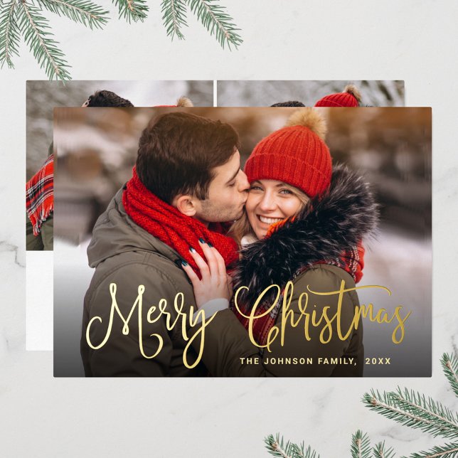 3 PHOTO Sparkle Modern Christmas Greeting Gold Foil Holiday Card (Creator Uploaded)