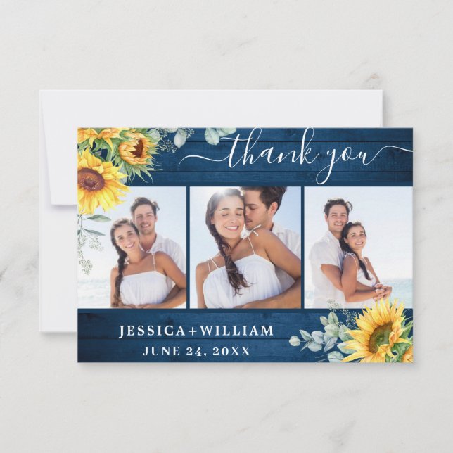 3 PHOTO Sunflowers Eucalyptus Blue Wood Rustic Thank You Card (Front)